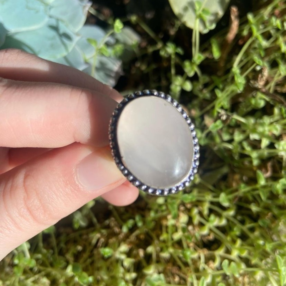 Silver plated brass rose quartz crystal gemstone ring size ~10 1/4